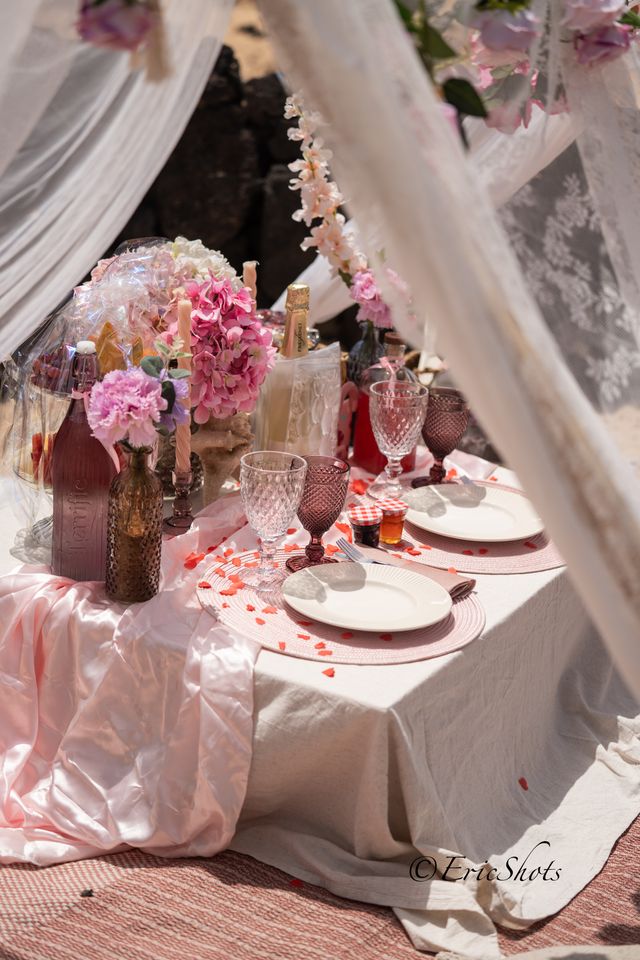 Rose petals and candlelight for a romantic evening picnic in Fuerteventura