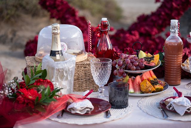 Romantic table decor with flowers and soft candlelight for your picnic in Fuerteventura